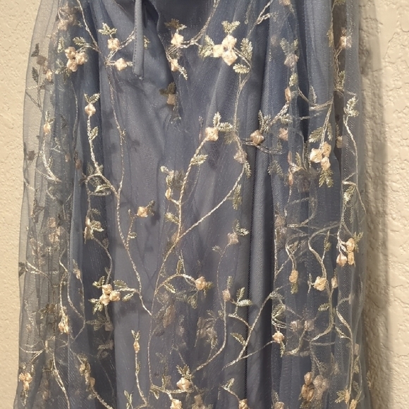 SHEIN blue floral embroidered mesh cross tie back sleeveless cami mini dress - Picture 8 of 13